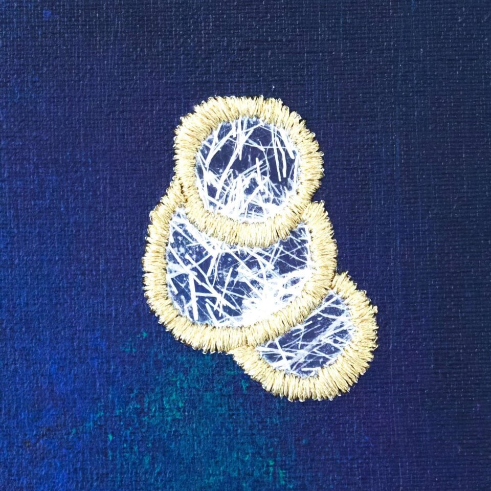 Fragiles, Les petits formats I, 21x16 cm, Acrylic, ginwashi paper, conservation varnish and embroidery on linen canvas, with frame, Signed at the back and with certificate of authenticity 3